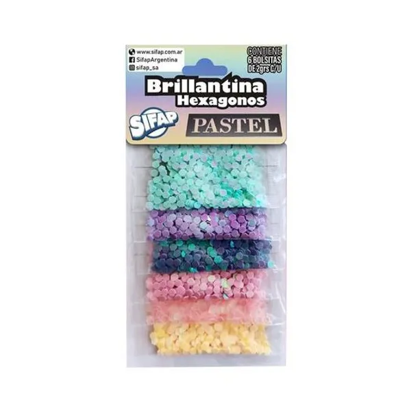 Brillantina formas hexagonos pastel 2 g en sobre x6 unidades Sifap