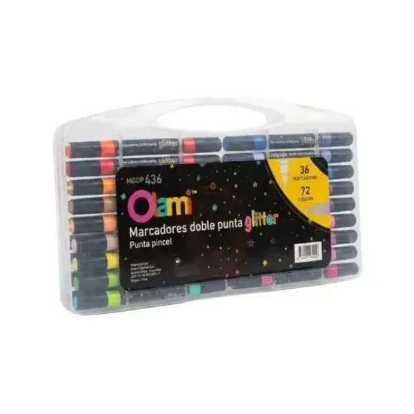 Marcadores olami doble punta pincel glitter x36 unid.