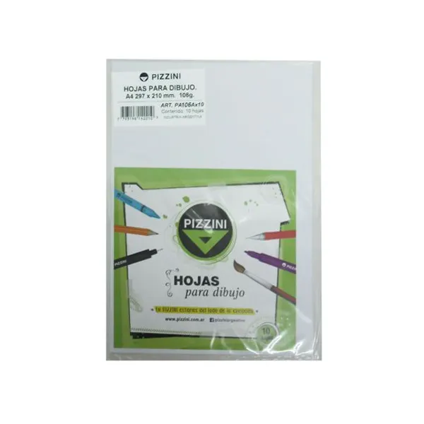 Hojas de papel dibujo Pizzini a4 106 grsx 10 hjs.