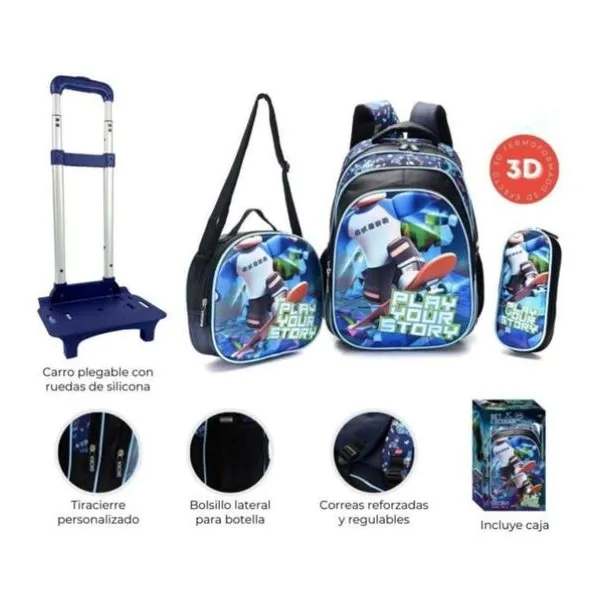 Set x4 mochila 16" con carro, lunchera y cartuchera lets play gamer skater