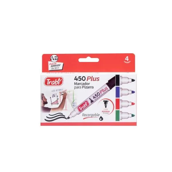 Marcador trabi 450 para pizarra cj.x 4 col.clasicos recargable