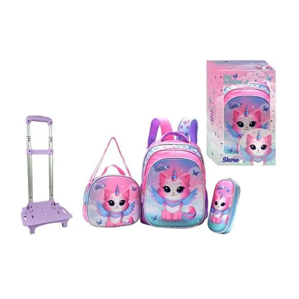 Set mochila 16" con carro, lunchera 24x22x9 cm y cartuchera 23x10x4.5 cm gato/unicornio en caja 42934
