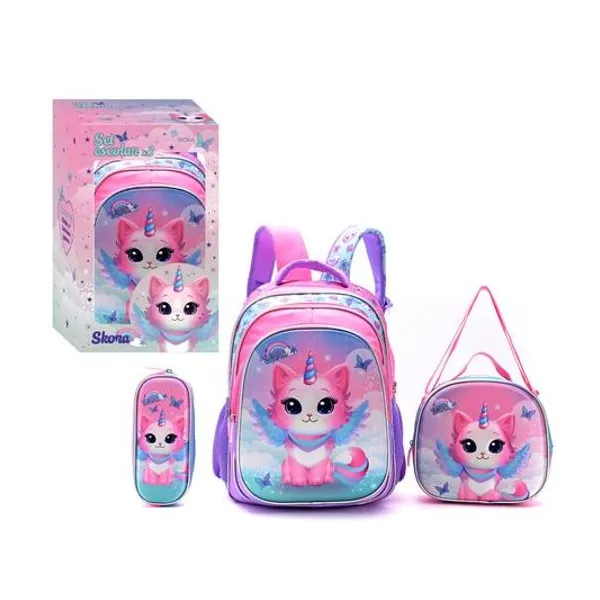 Set mochila 16" con lunchera 24x22x9 cm y cartuchera 23x10x4.5 cm gato/unicornio en caja Skora