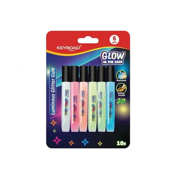 Adhesivo con glitter brilla en la oscuridad 10 g blister x6 unidades Keyroad