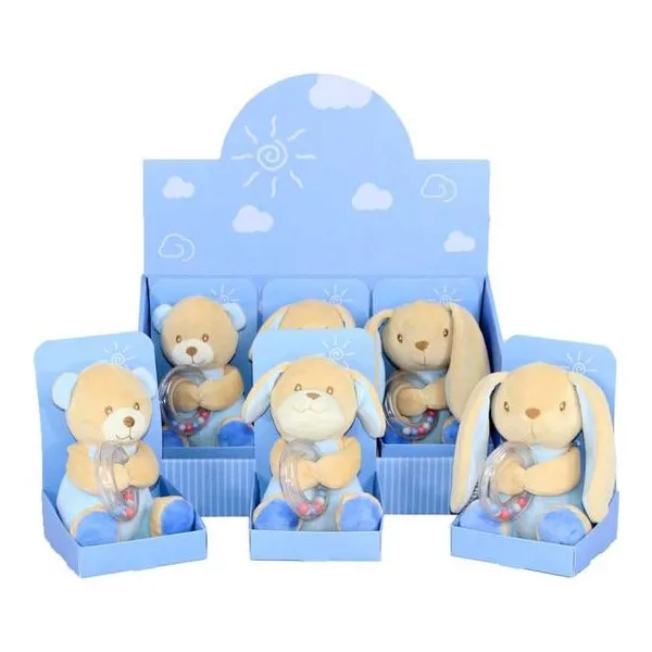 Peluche con sonajero 14 cm oso, perro y conejo en display box x6/24
