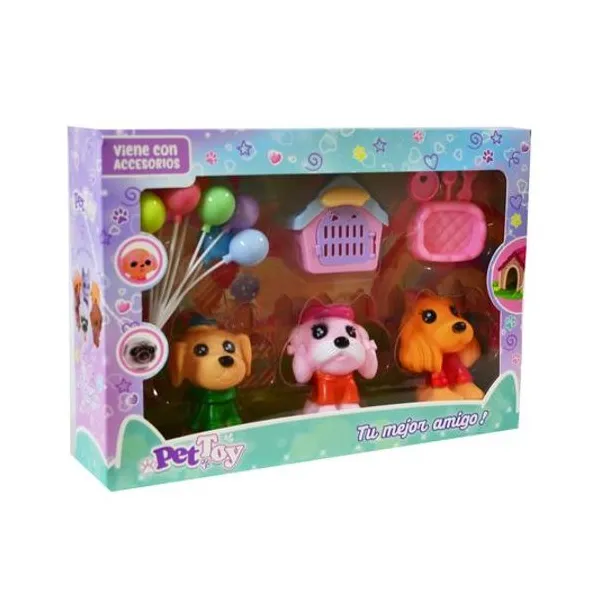 Set mini mascotas con accesorios 9 piezas en caja 28x20x6.5 cm