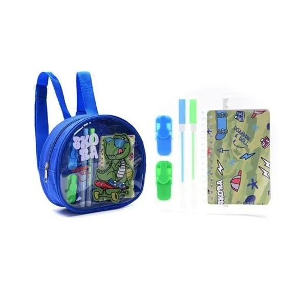 Mochila con set de útiles dino skater 21x8x19 cm Skora