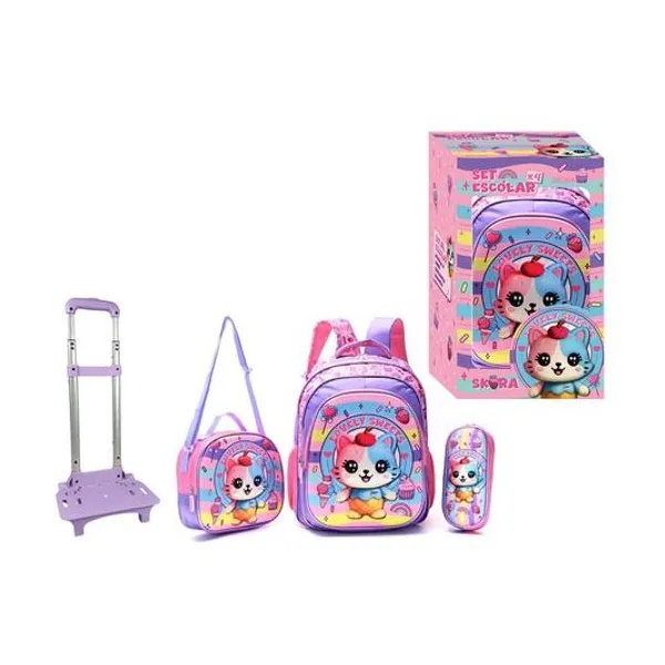 Set mochila 16" con carro, lunchera 24x22x9 cm y cartuchera 23x10x4.5 cm gatita en caja Skora