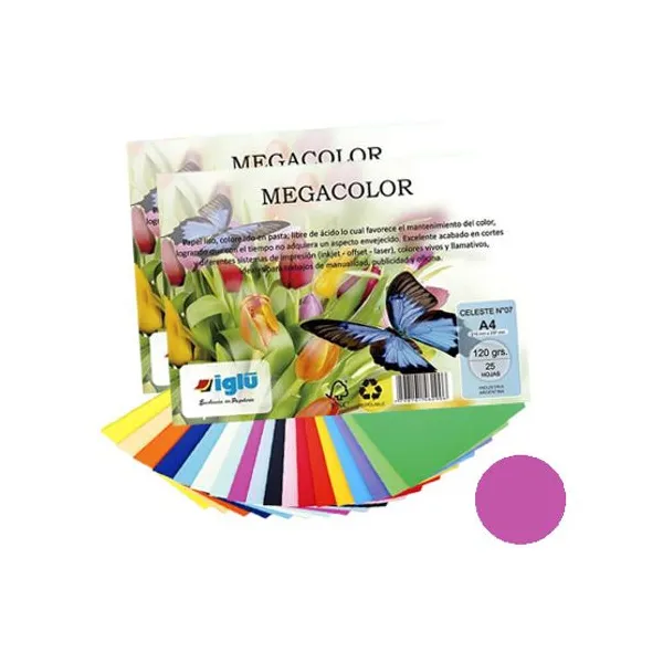 Papel iglu megacolor m12 fucsia tamaño a4 120 grsx 25 hs