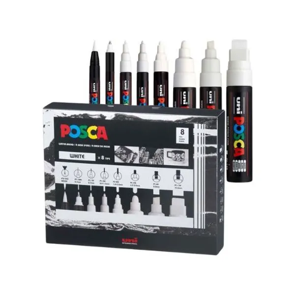 Marcadores Uni posca al agua mix puntas white est.x 8 unid.