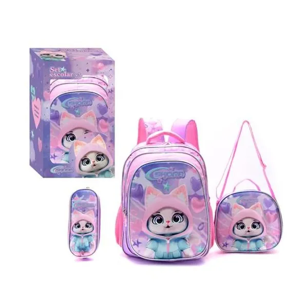 Set mochila 16" espalda con lunchera 24x22x9 cm y cartuchera 23x10x4.5 cm gatita en caja Skora