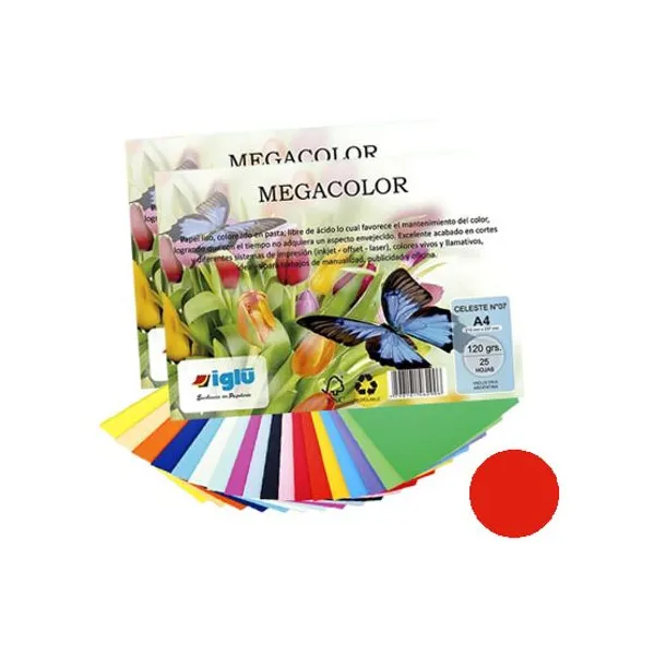 Papel iglu megacolor m20 rojo tamaño a4 120 grsx 25 hs