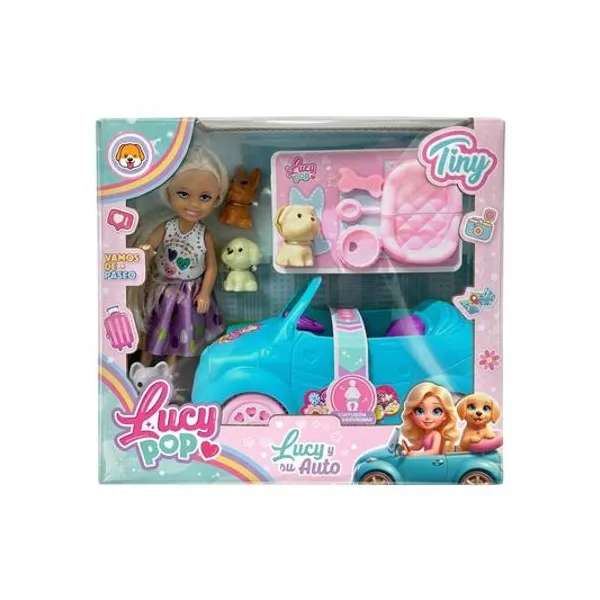 Muñeca mini lucy pop con auto y accesorios 10 piezas en caja 23x18x9 cm