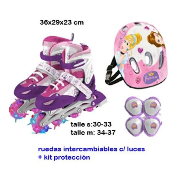 Roller princesas 3 en 1 con ruedas intercambiables y luces + kit de prote