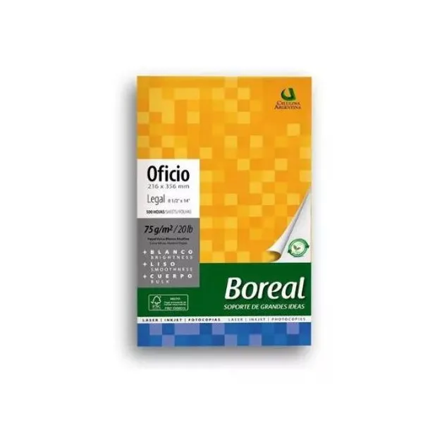 Resma papel boreal tamaño oficio fotoc.70 grsx 500 hs.