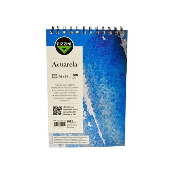Block de dibujo 16x24 cm para acuarela 300 g 12 hojas con espiral Pizzini - peacuax12h