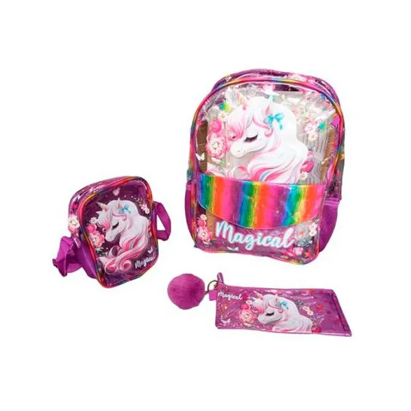Mochila 16" espalda 3pzs x unidad unicornio