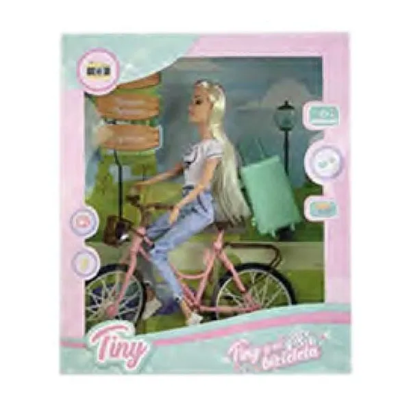 Muñeca Tiny y su bicicleta con valija viajera 34 28 cm