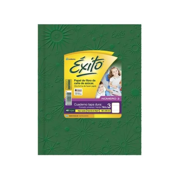 Cuaderno tapa dura Éxito 3 forr.19x23,5 x48 hs.cuad.verde