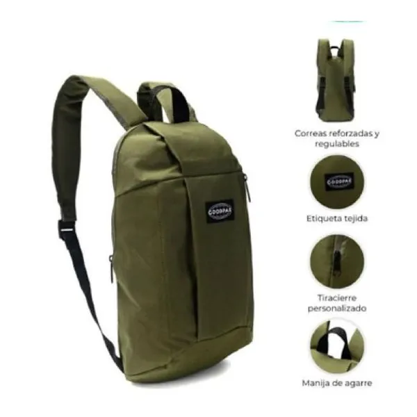 Mochila goodpak bolsillo delantero con manija verde militar 21 x14 x31 cm