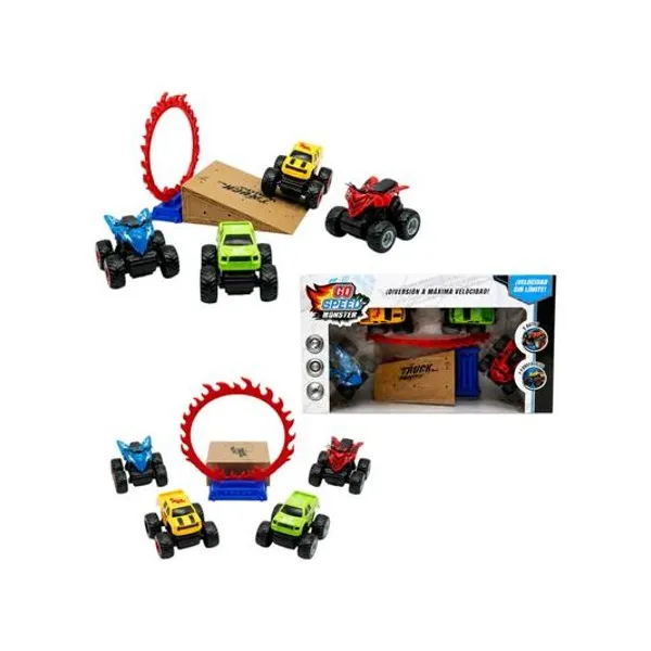 Set de autos a friccion con rampa lanzadora en caja 44x13x23 cm