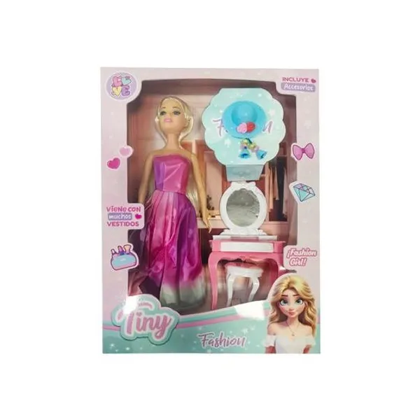 Muñeca Tiny fashion con accesorios 4 piezas en caja 23x33x5 cm