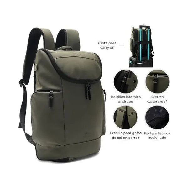 Mochila 18" espalda engomada de viaje verde militar 45x30x14 cm wanderlust