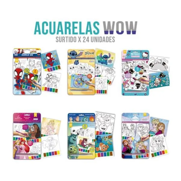 Acuarelas wow surtidos, modelos: spidey, Stitch,