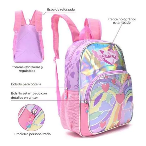 Mochila alma rainbow hearts 16 pulg con llavero 30x40x12 cm