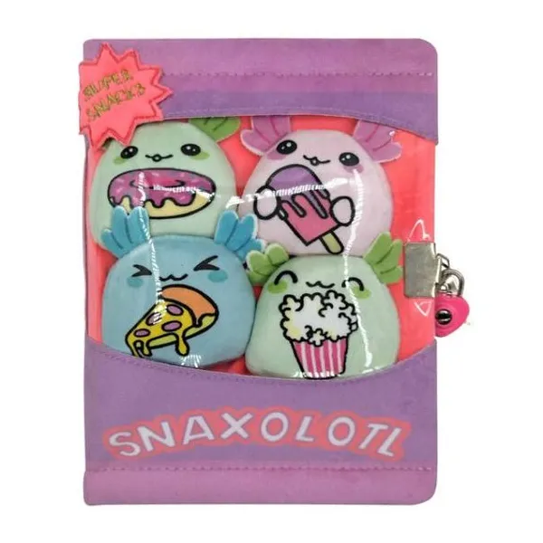 Diario plush a5 rayado con mini peluches con candado snaxolotl d/box