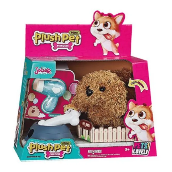 Perro de juguete marrón. camina y ladra. con cucha de plástico