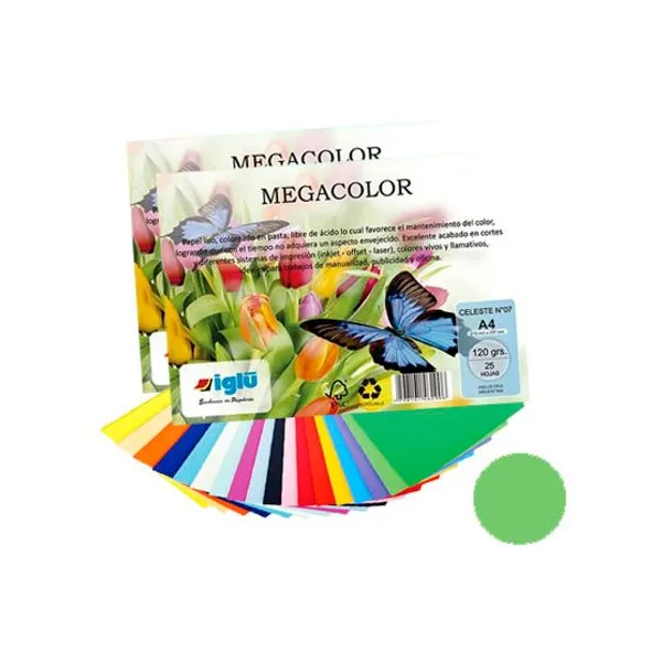 Papel iglu megacolor m11 verde agua tamaño a4 120 grsx 25 hs