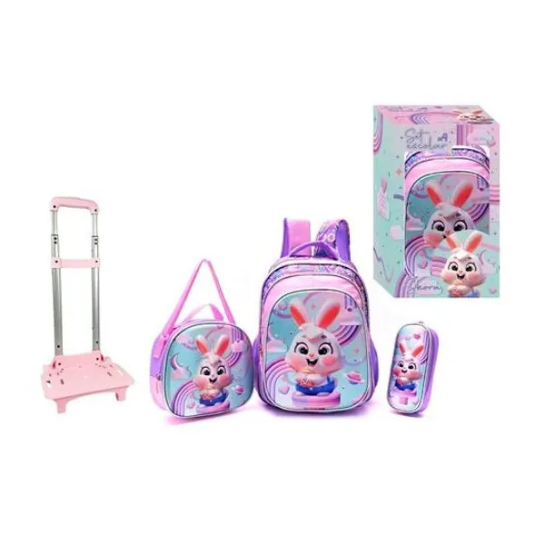 Set mochila 16" con carro, lunchera 24x22x9 cm y cartuchera 23x10x4.5 cm conejo en caja Skora