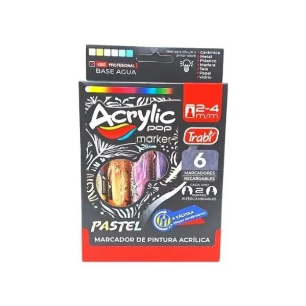 Marcadores trabi acrylic pop pastel al agua para 4 mmx 6 col.surt.