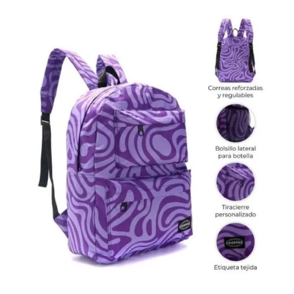 Mochila goodpak 2 bolsillos delanteros print purple maze 43 x30 x17, 17