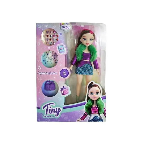 Muñeca Tiny rainbow deby 26 cm con accesorios sorpresa en caja 22x31x6 cm modelos surtidos
