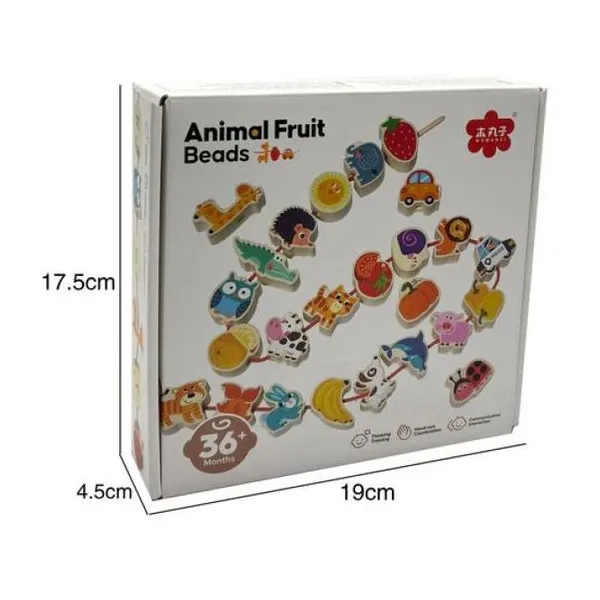 Juego de madera para enhebrar “frutas y animales”. 46 piezas