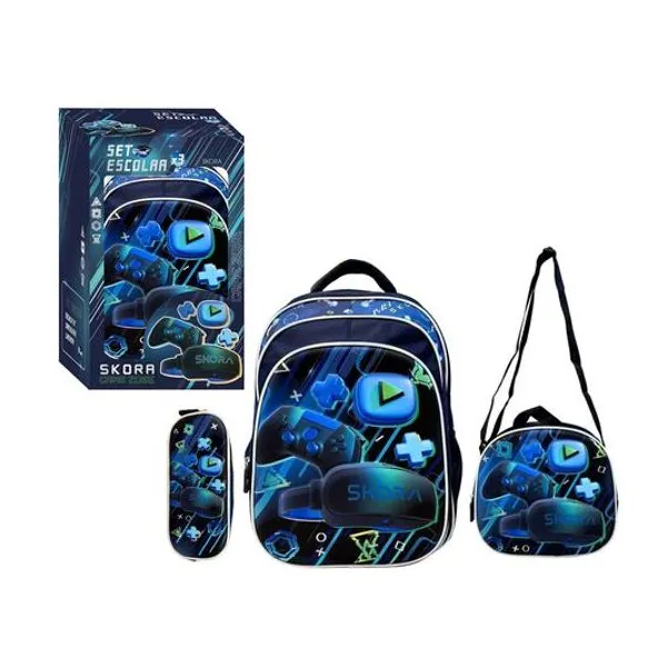 Set mochila 16" espalda con lunchera 24x22x9 cm y cartuchera 23x10x4.5 cm game zone caja Skora 42939