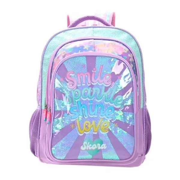 Mochila lettering smile sparkle con llavero 32x45x15 cm 18 pulg
