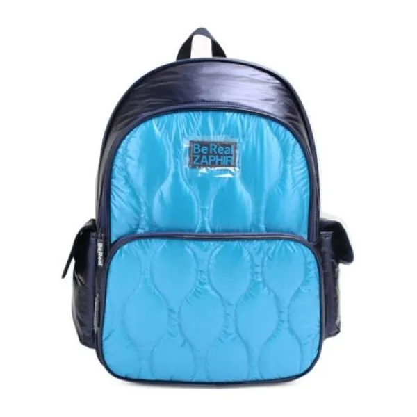Mochila azul de 18" de espalda con el frente matelaseado y estampa be real.