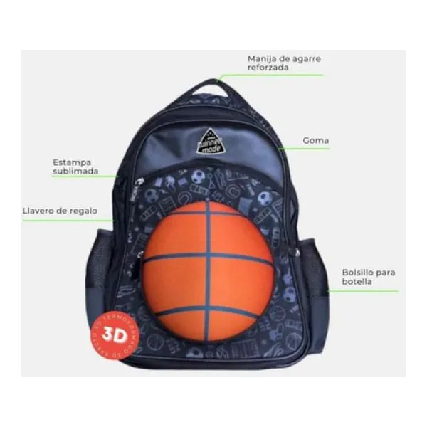 Mochila lets play sports básquet pelota termoformada 32x45x15 cm