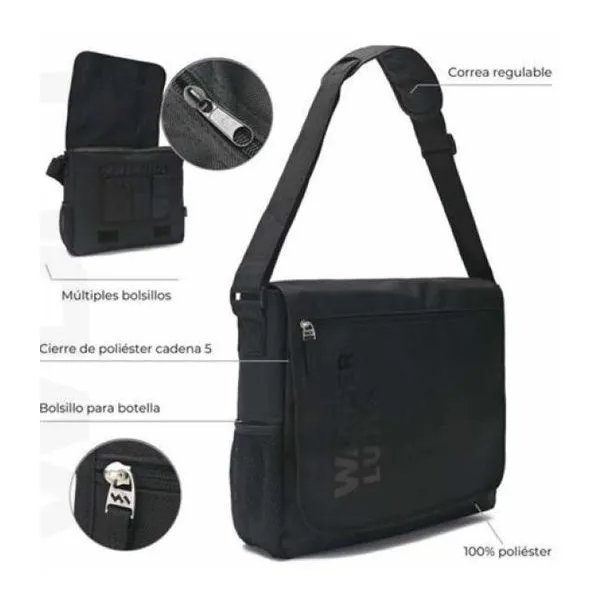 Morral cartero wanderteam 39x32x10 cm negro con detalle verde