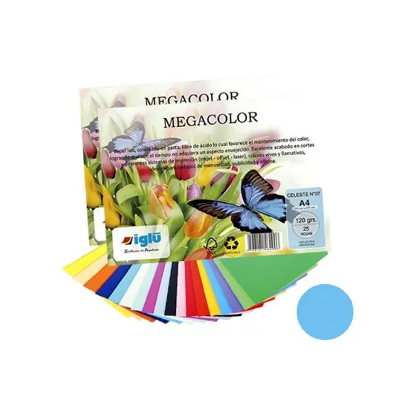 Papel iglu megacolor m23 turquesa tamaño a4 120 grsx 25 hs