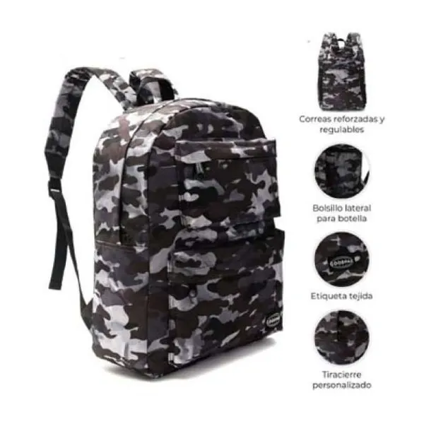 Mochila goodpak 2 bolsillos delanteros print camuflado negro 43 x30 x17, 17