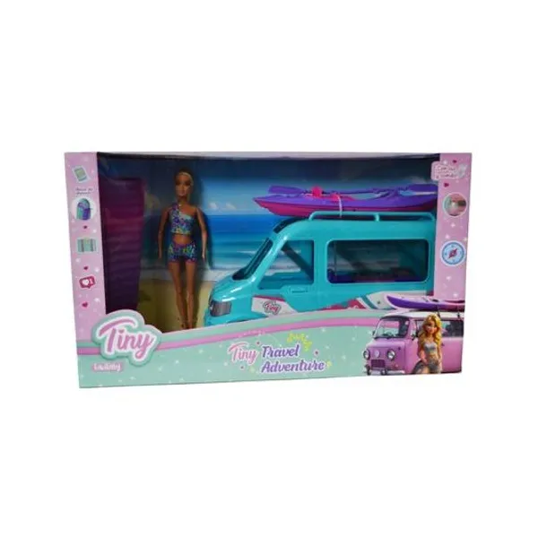 Muñeca Tiny con camioneta viajera y kayak en caja 59x34x16 cm