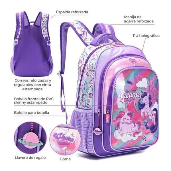 Mochila unicornio twins 18 pulg con llavero 32x45x15 cm