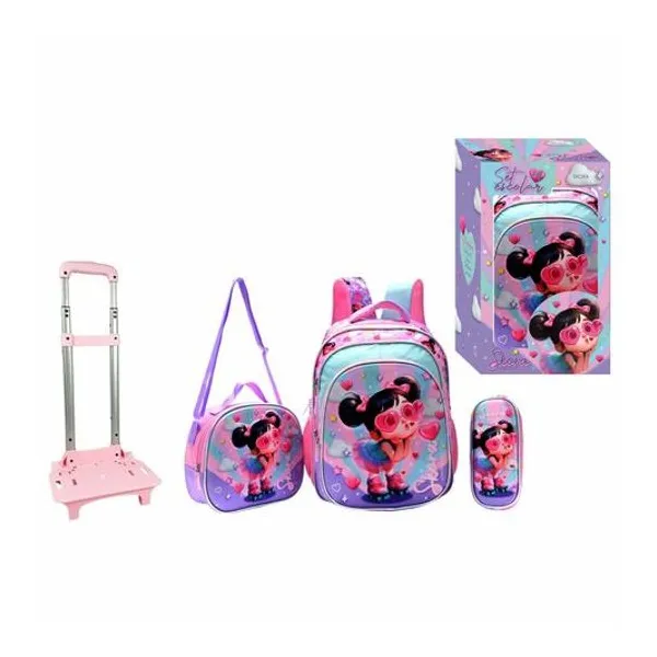 Set mochila 16" con carro, lunchera 24x22x9 cm y cartuchera 23x10x4.5 cm nena cool Skora