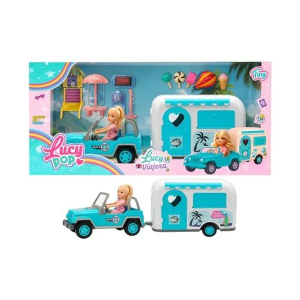 Muñeca lucy pop y camioneta viajera en caja 62x25x12 cm