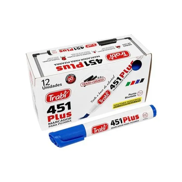 Marcador para pizarra punta biselada recargable 451 plus azul caja x12 trabi