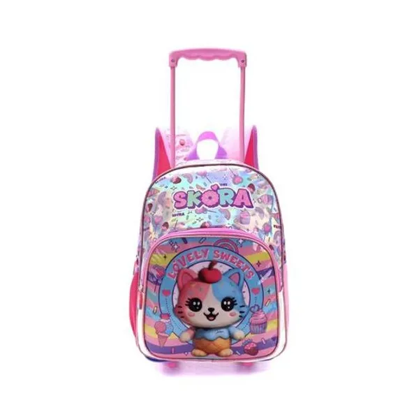 Mochila 16" con carro kawaii gatito con llavero Skora